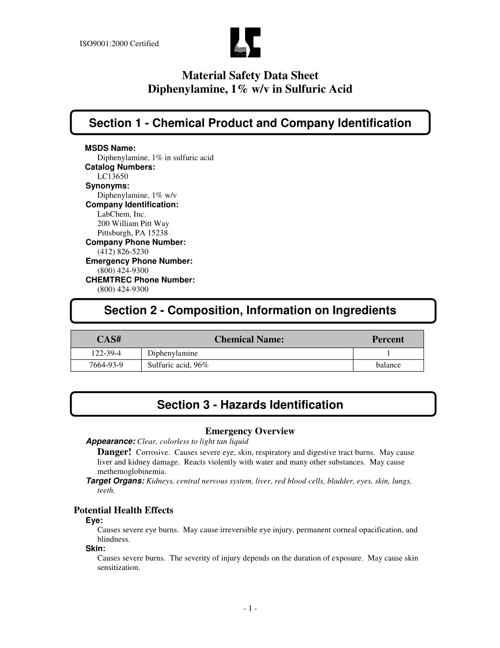 Material Safety Data Sheet Diphenylamine, 1% W/V in Sulfuric Acid Section 1