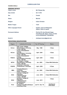 Curriculum Vitae R.Marie Sheila