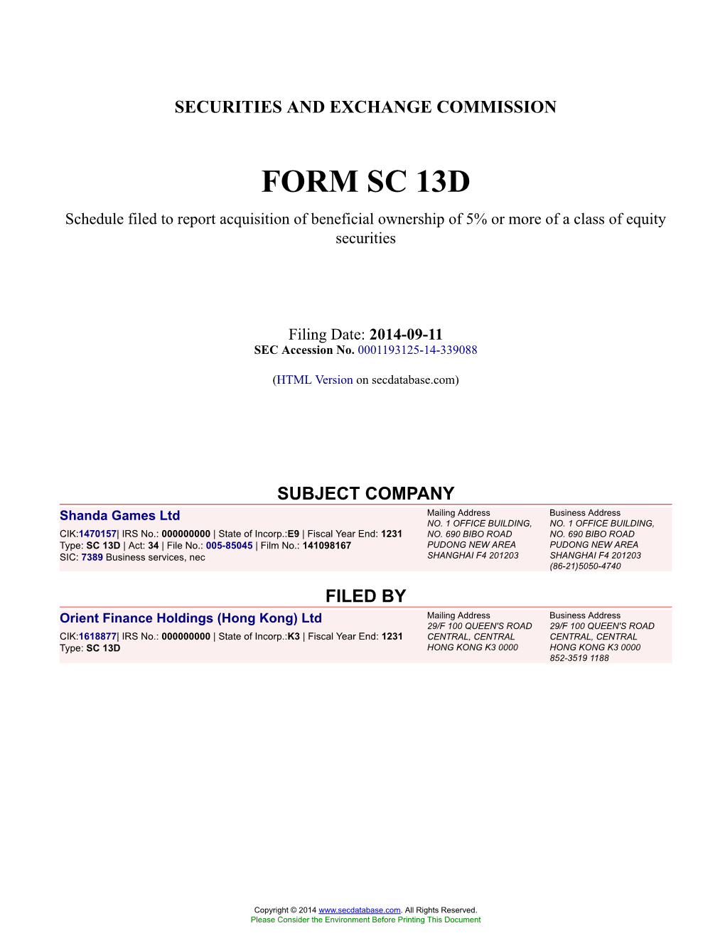 Shanda Games Ltd Form SC 13D Filed 2014-09-11