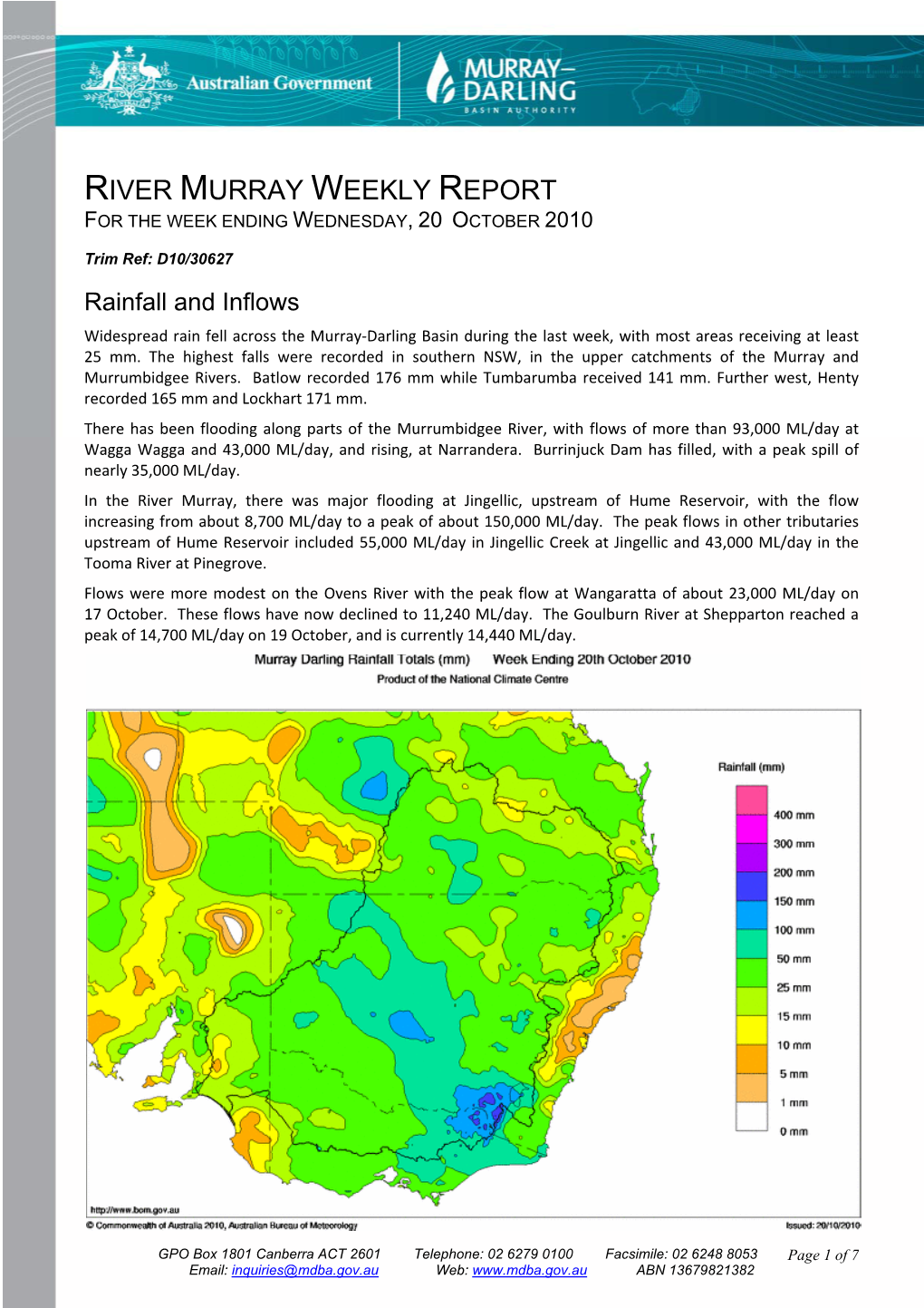 River Murray Weekly Report for the Week Ending Wednesday, 20 October 2010