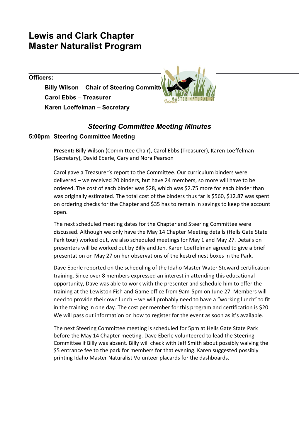 Idaho Master Naturalist Lewis and Clark Chapter Meeting Minutes, 04-16-2015