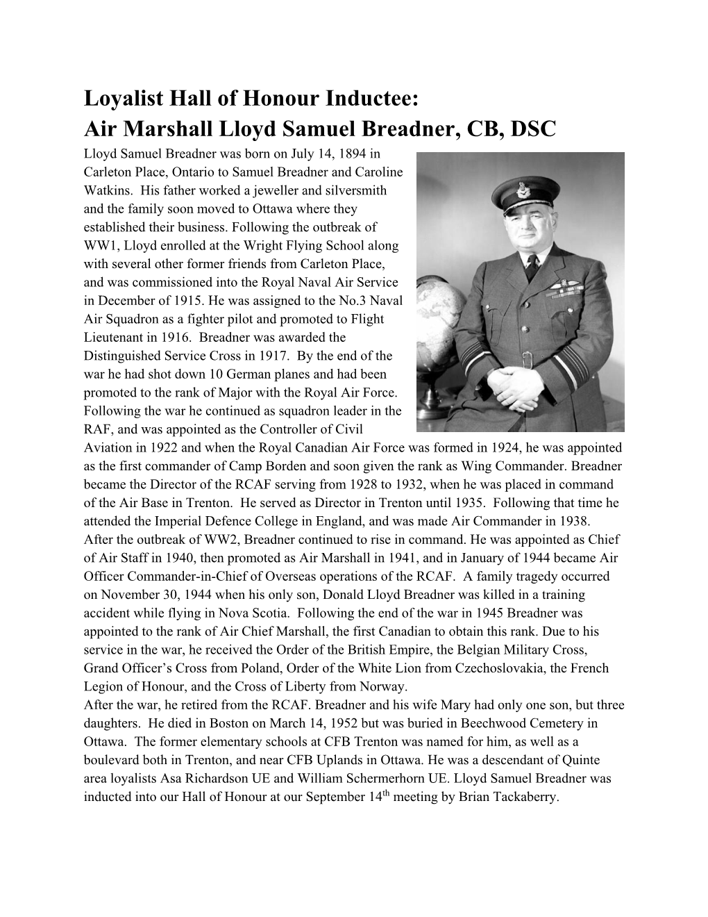 Loyalist Hall of Honour Inductee: Air Marshall Lloyd Samuel Breadner