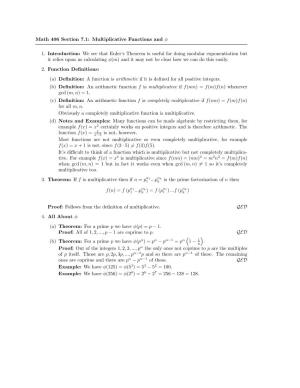 Math 406 Section 7.1: Multiplicative Functions and Φ 1