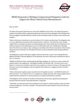 MEMA Responds to Michigan Congressional Delegation; Calls for Support for Motor Vehicle Parts Manufacturers