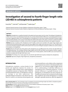 Investigation of Second to Fourth Finger Length Ratio (2D:4D) in Schizophrenia Patients