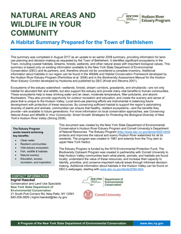 NATURAL AREAS and WILDLIFE in YOUR COMMUNITY a Habitat Summary Prepared for the Town of Bethlehem