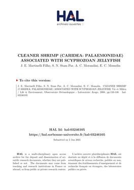 Cleaner Shrimp (Caridea: Palaemonidae) Associated with Scyphozoan Jellyfish J