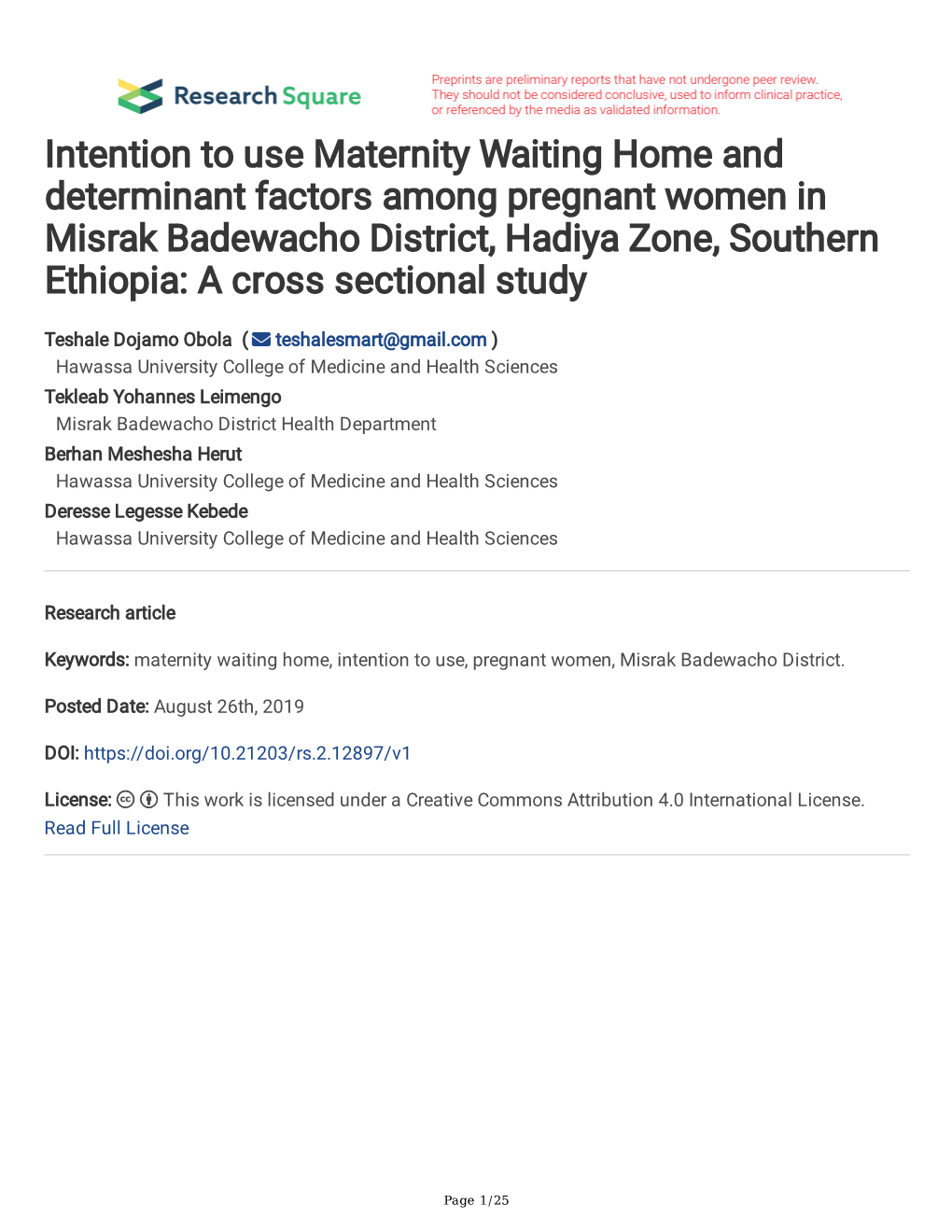 Intention to Use Maternity Waiting Home and Determinant Factors