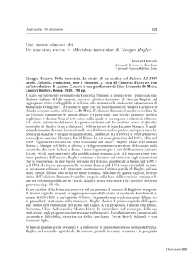 Una Nuova Edizione Del De Anatome, Morsu Et Effectibus Tarantulae Di Giorgio Baglivi