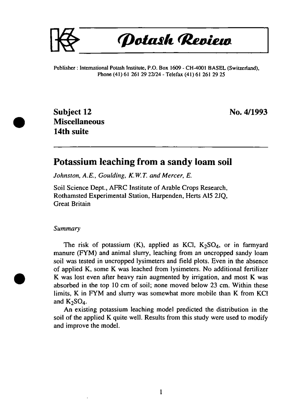 Potassium Leaching from a Sandy Loam Soil Johnston, A.E., Goulding, K