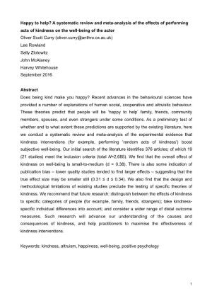 Happy to Help? a Systematic Review and Meta-Analysis of the Effects of Performing Acts of Kindness on the Well-Being of the Acto