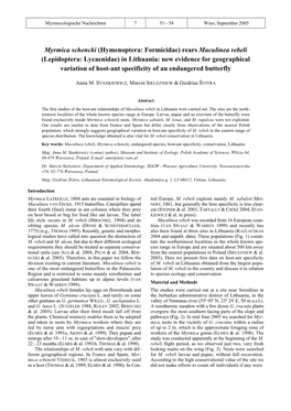 Myrmica Schencki (Hymenoptera: Formicidae) Rears Maculinea Rebeli (Lepidoptera: Lycaenidae) in Lithuania: New Evidence for Geogr