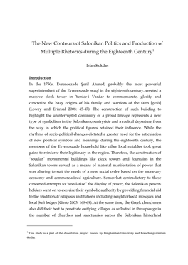 The New Contours of Salonikan Politics and Production of Multiple Rhetorics During the Eighteenth Century1