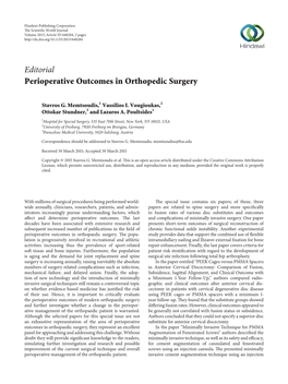 Editorial Perioperative Outcomes in Orthopedic Surgery