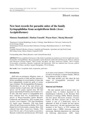 New Host Records for Parasitic Mites of the Family Syringophilidae from Accipitriform Birds (Aves: Accipitriformes)