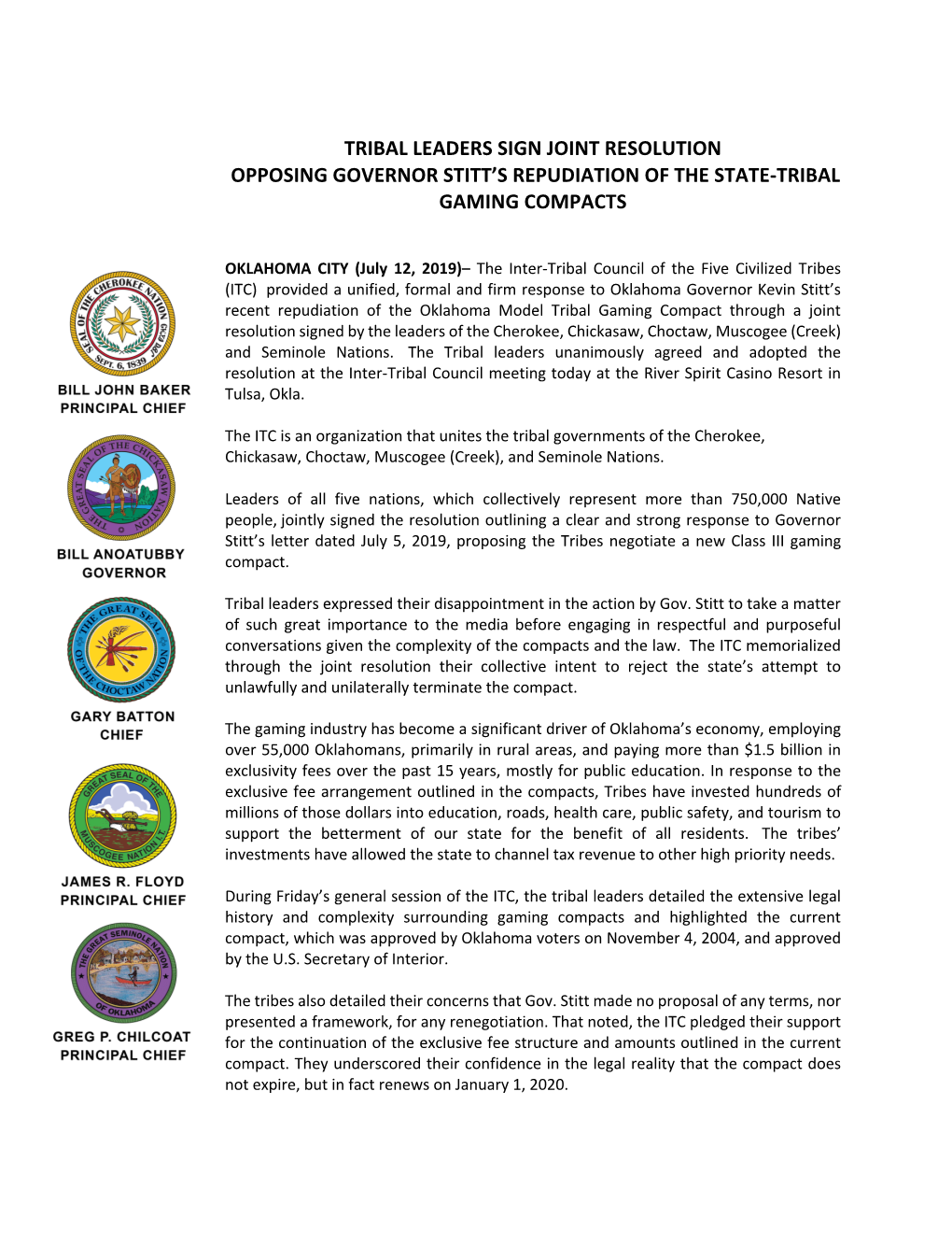 Resolution Opposing Governor Stitt’S Repudiation of the State-Tribal Gaming Compacts