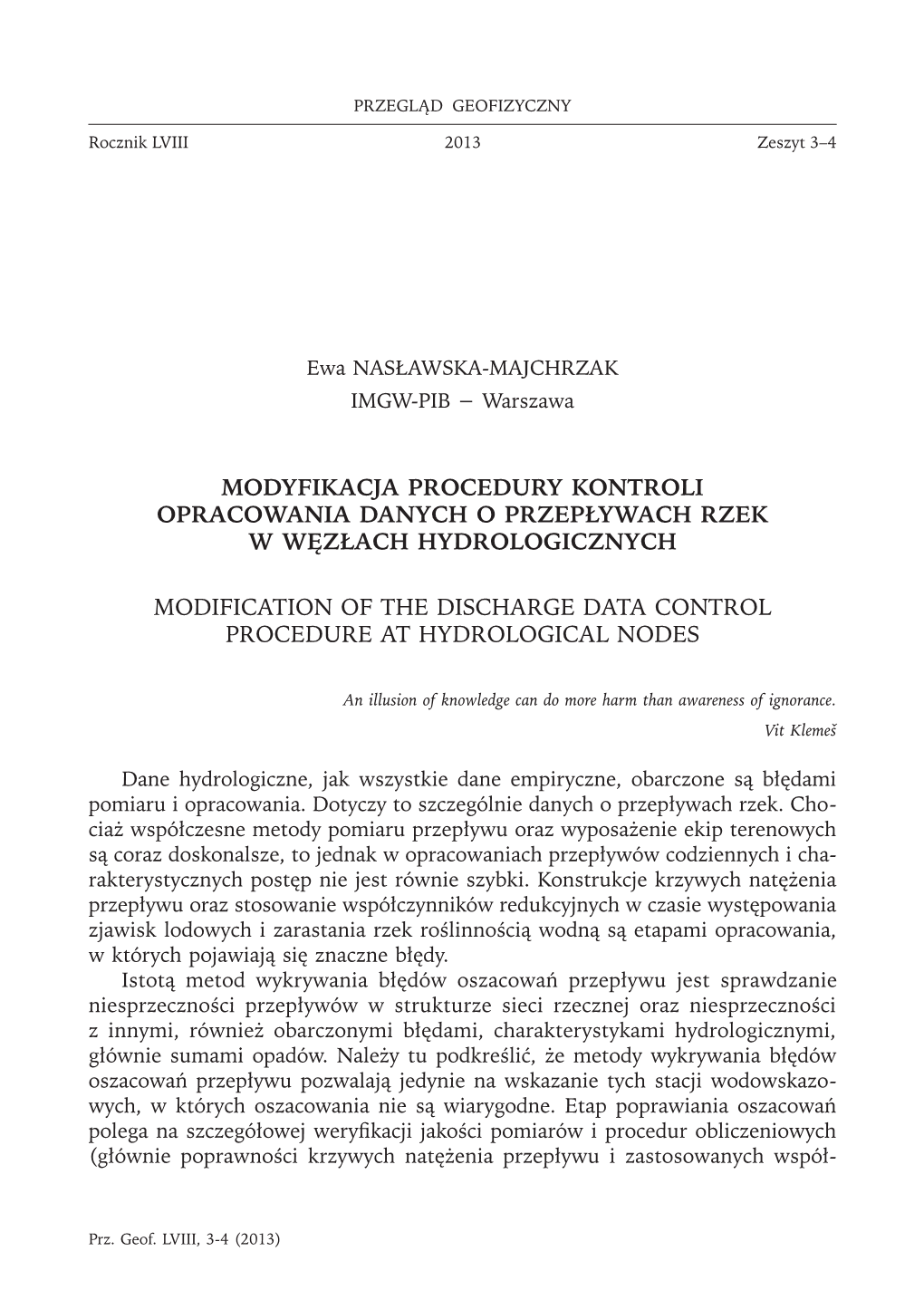 Modyfikacja Procedury Kontroli Opracowania Danych O Przepływach Rzek W Węzłach Hydrologicznych