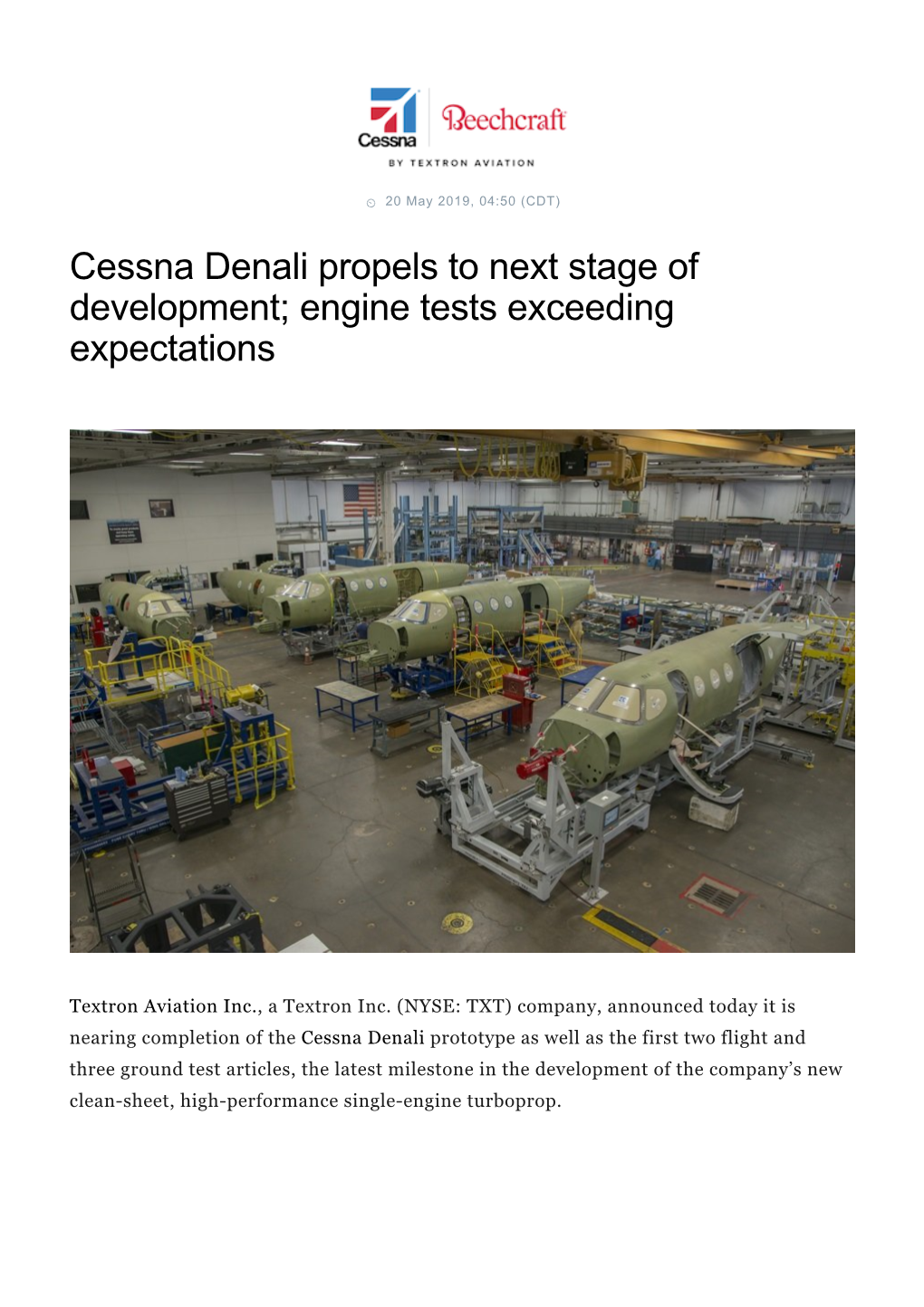 Cessna Denali Propels to Next Stage of Development; Engine Tests Exceeding Expectations