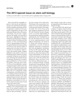 The 2013 Special Issue on Stem Cell Biology Cell Research (2013) 23:1-2
