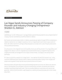 Las Vegas Sands Announces Passing of Company Founder and Industry-Changing Entrepreneur Sheldon G