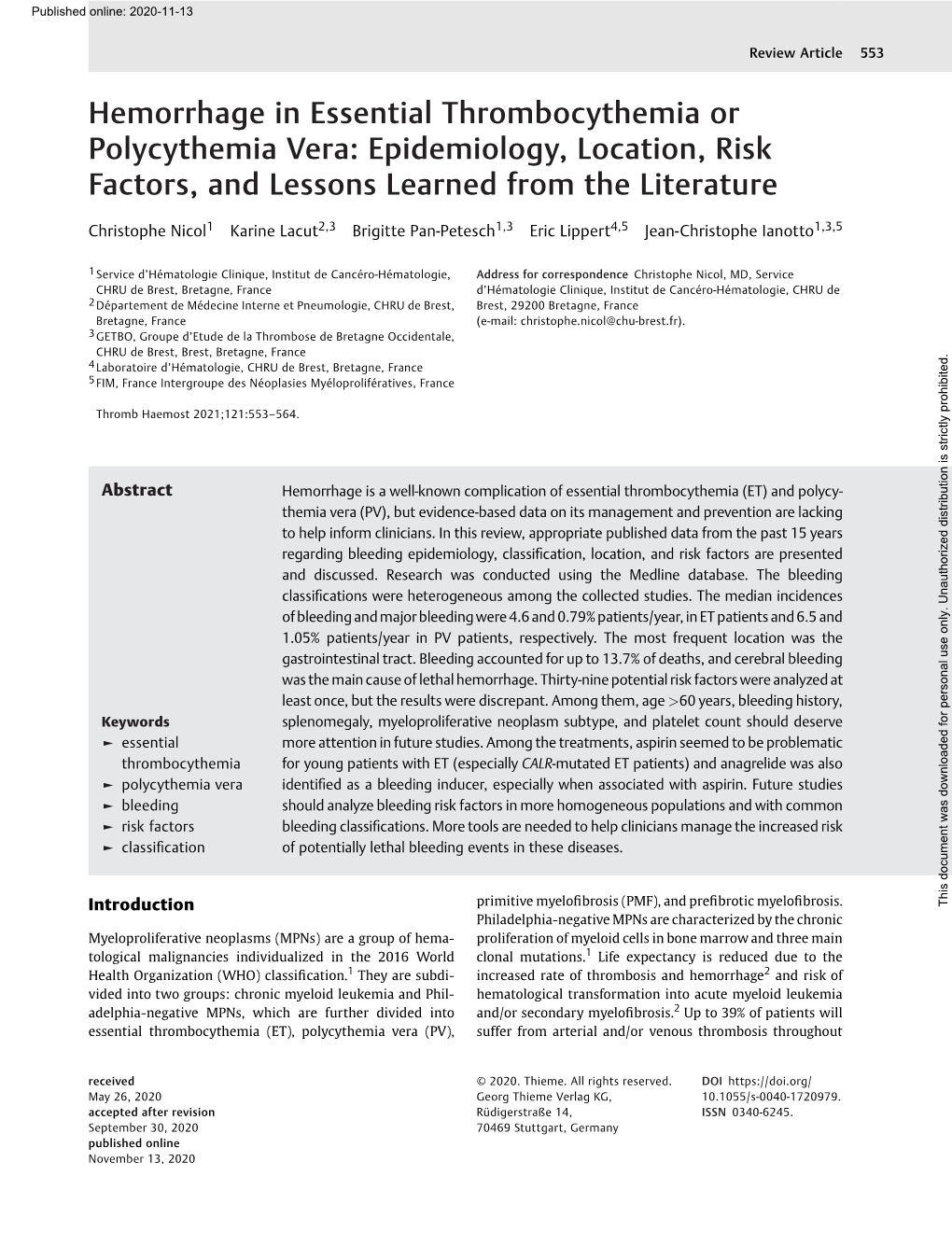 Hemorrhage in Essential Thrombocythemia Or Polycythemia Vera: Epidemiology, Location, Risk Factors, and Lessons Learned from the Literature