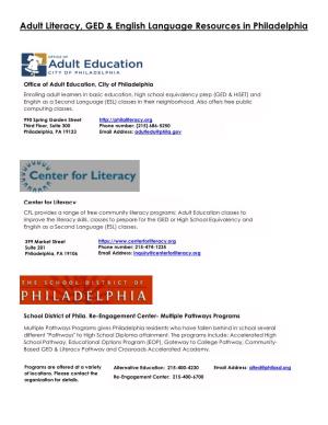 Adult Literacy, GED & English Language Resources in Philadelphia