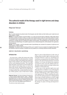 The Authorial Model of the Therapy Used in Night Terrors and Sleep Disorders in Children