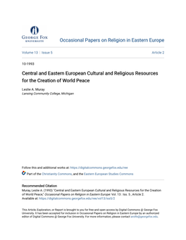 Central and Eastern European Cultural and Religious Resources for the Creation of World Peace