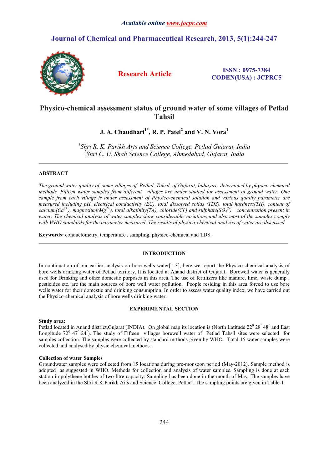 Physico-Chemical Assessment Status of Ground Water of Some Villages of Petlad Tahsil