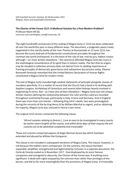 The Charter of the Forest 1217: a Medieval Solution for a Post-Modern Problem? Professor Mark Hill QC Centre for Law and Religion, Cardiff University, UK