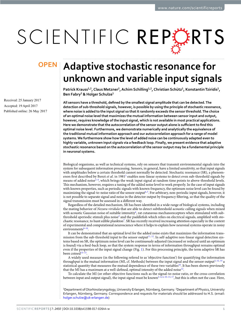 Adaptive Stochastic Resonance for Unknown and Variable Input Signals