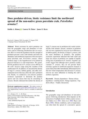 Does Predator-Driven, Biotic Resistance Limit the Northward Spread of the Non-Native Green Porcelain Crab, Petrolisthes Armatus?