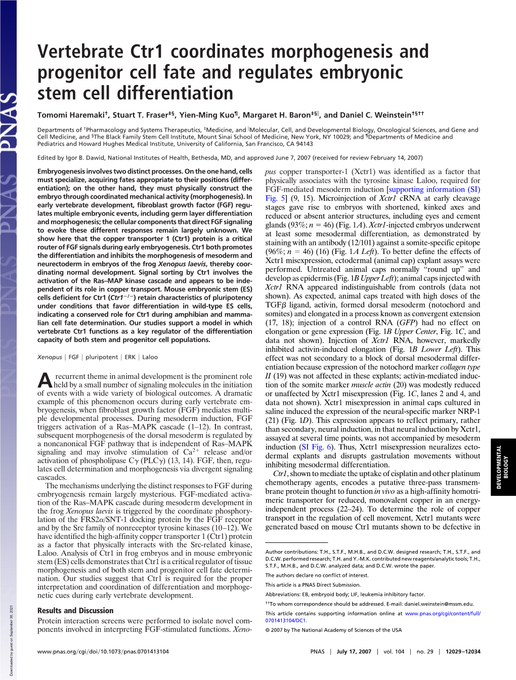 Vertebrate Ctr1 Coordinates Morphogenesis and Progenitor Cell Fate and Regulates Embryonic Stem Cell Differentiation