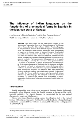The Influence of Indian Languages on the Functioning of Grammatical Forms in Spanish in the Mexican State of Oaxaca