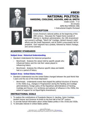 HARDING, COOLIDGE, HOOVER, and AL SMITH Grade Levels: 7-12 26 Minutes AIMS MULTIMEDIA 1996 1 Instructional Graphic Enclosed DESCRIPTION