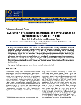 Evaluation of Seedling Emergence of Senna Siamea As Influenced by Crude Oil in Soil