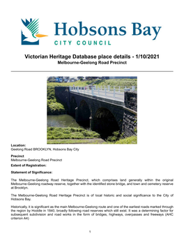 Victorian Heritage Database Place Details - 1/10/2021 Melbourne-Geelong Road Precinct