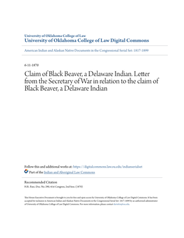 Claim of Black Beaver, a Delaware Indian. Letter from the Secretary of War in Relation to the Claim of Black Beaver, a Delaware Indian