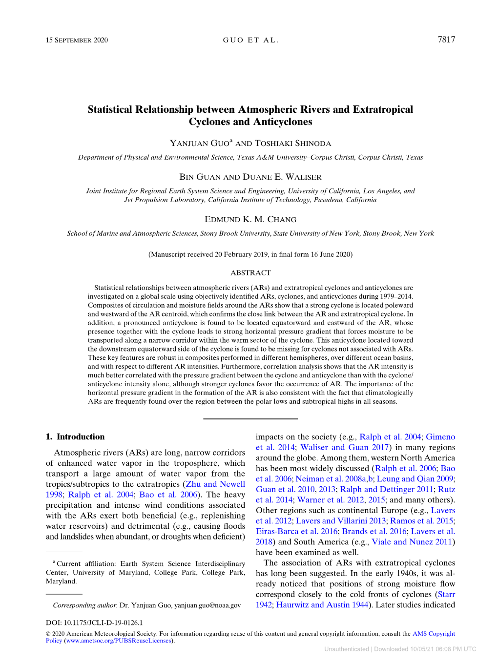 Statistical Relationship Between Atmospheric Rivers and Extratropical Cyclones and Anticyclones