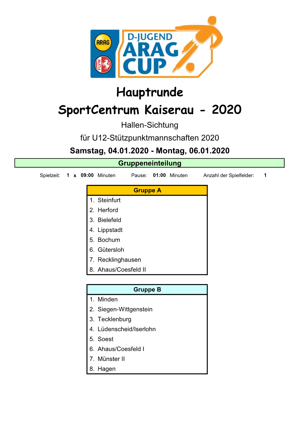 Sportcentrum Kaiserau - 2020 Hallen-Sichtung Für U12-Stützpunktmannschaften 2020 Samstag, 04.01.2020 - Montag, 06.01.2020 Gruppeneinteilung