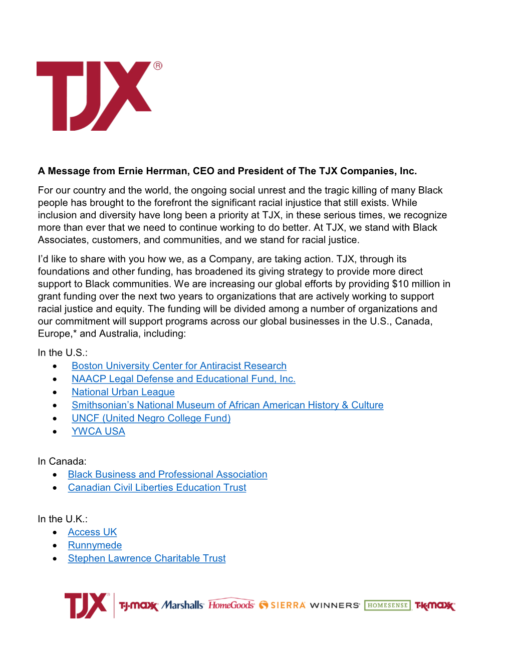 A Message from Ernie Herrman, CEO and President of the TJX Companies, Inc