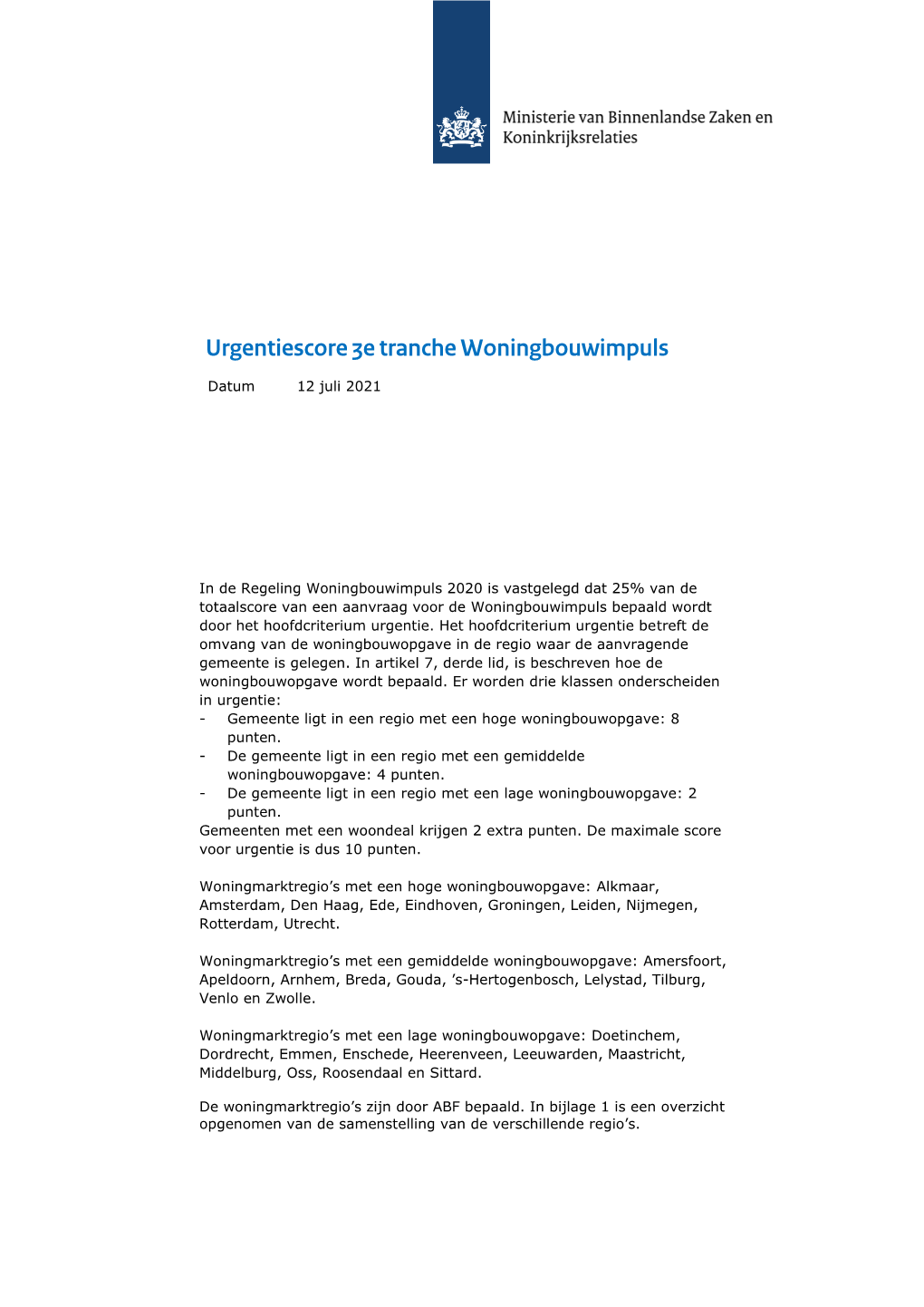 Urgentiescore Woningbouwimpuls 12 Juli 2021