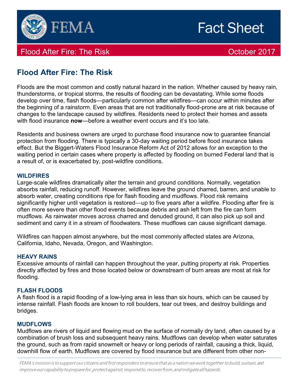 Flood After Fire: the Risk October 2017