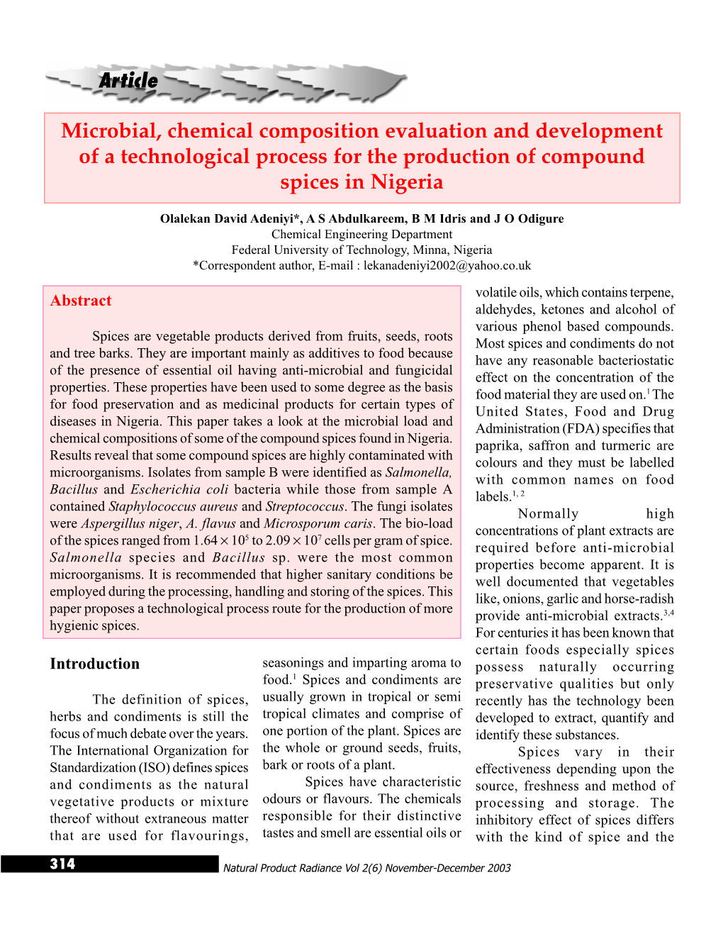 Microbial, Chemical Composition Evaluation and Development of a Technological Process for the Production of Compound Spices in Nigeria