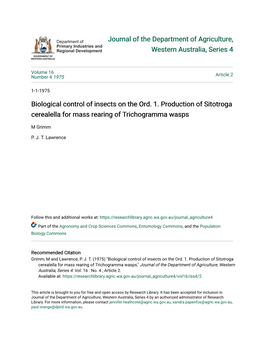 Biological Control of Insects on the Ord. 1. Production of Sitotroga Cerealella for Mass Rearing of Trichogramma Wasps