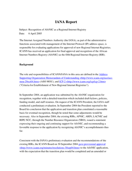 IANA Report on Recognition of Afrinic As a Regional Internet Registry