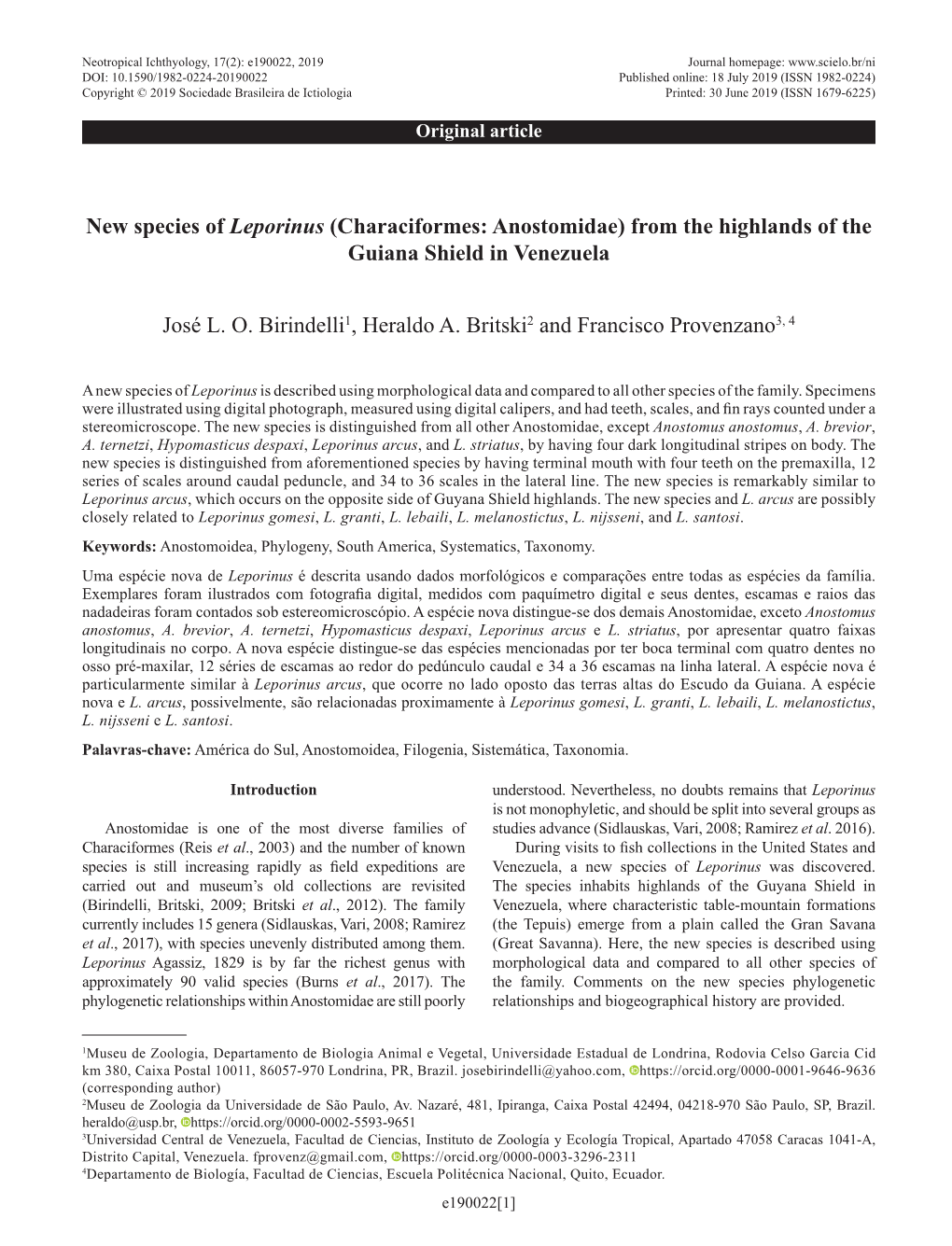 New Species of Leporinus (Characiformes: Anostomidae) from the Highlands of the Guiana Shield in Venezuela