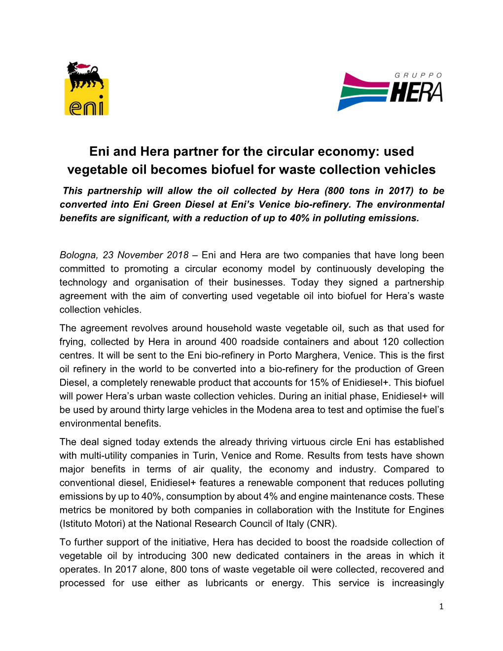 Eni and Hera Partner for the Circular Economy: Used Vegetable Oil Becomes Biofuel for Waste Collection Vehicles