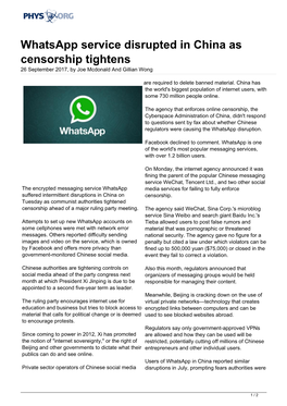 Whatsapp Service Disrupted in China As Censorship Tightens 26 September 2017, by Joe Mcdonald and Gillian Wong