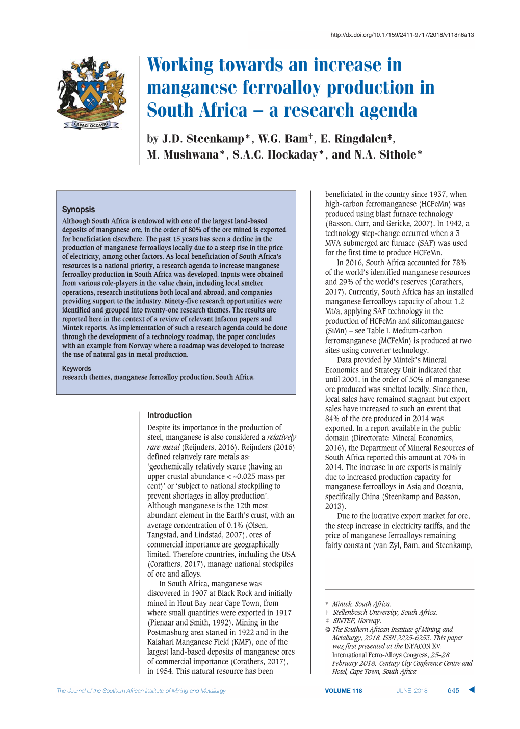 Working Towards an Increase in Manganese Ferroalloy Production in South Africa — a Research Agenda